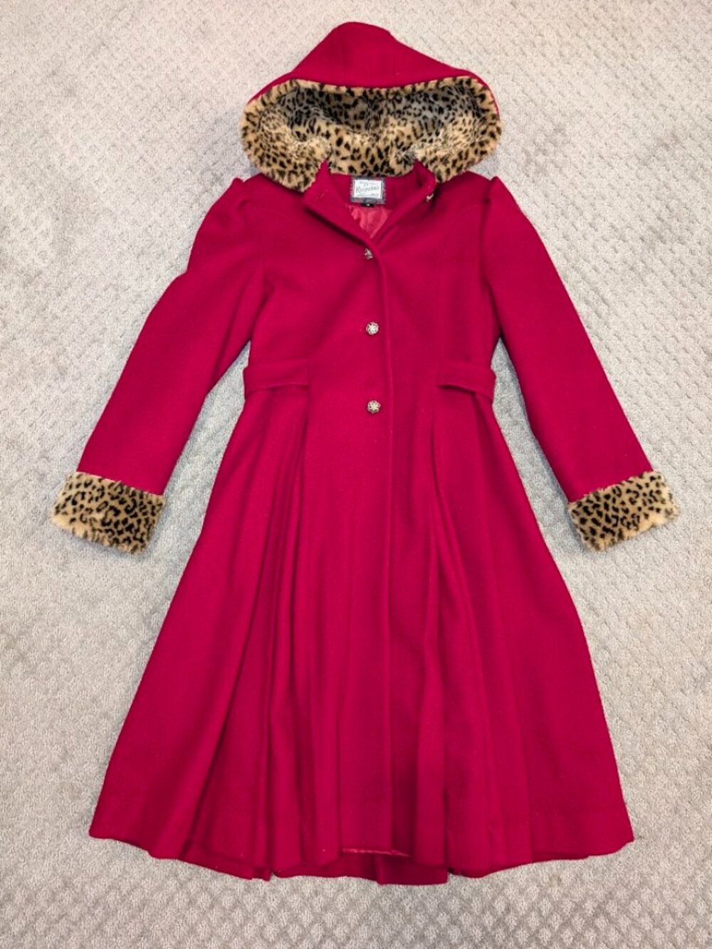 Vintage Rothschild Hooded Red Wool Long Swing Coat Girls 16 Leopard Faux Fur